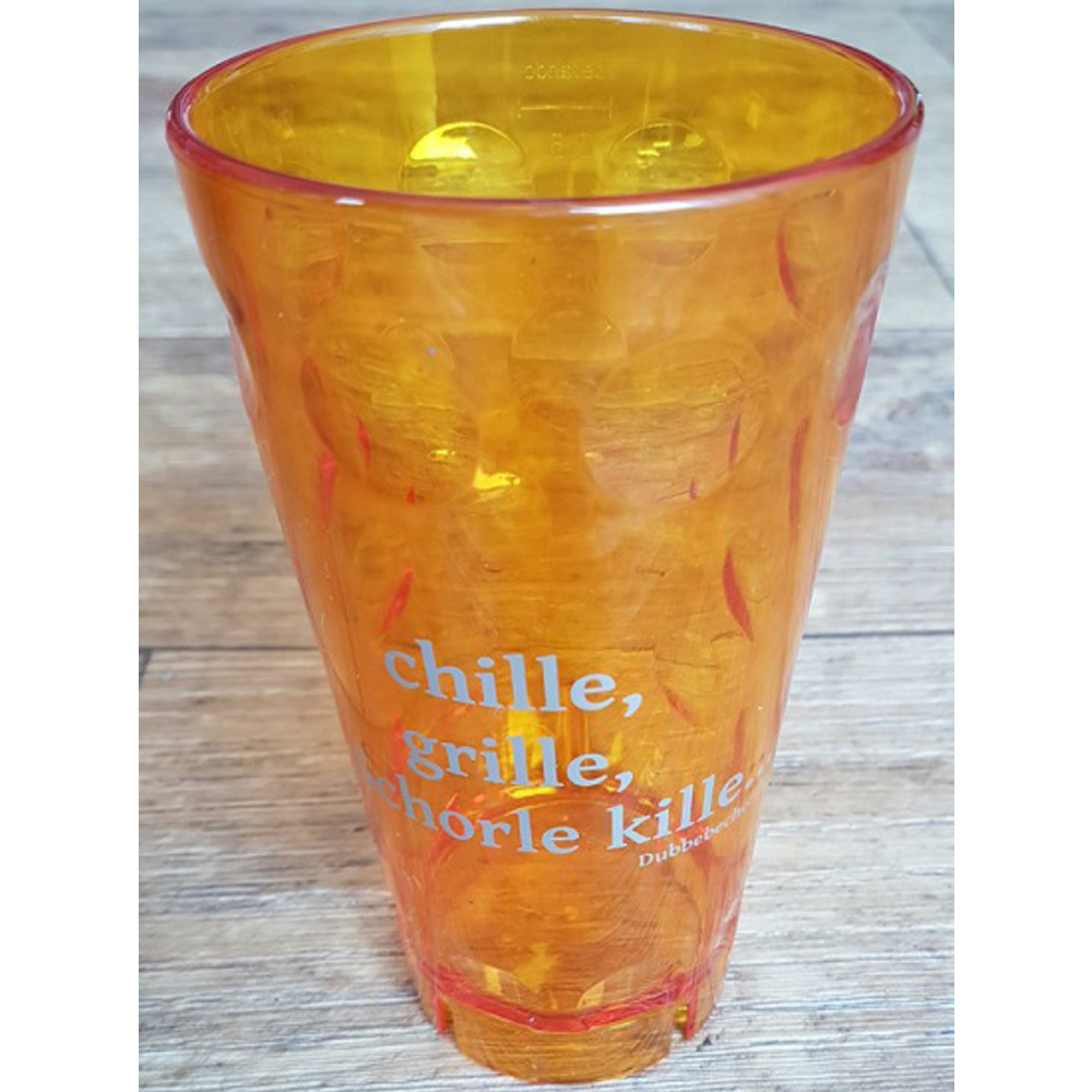 Dubbeglas aus Kunststoff, Aufdruck: "chille, grille, Schorle kille", orange, unzerbrechlich, 0,5 Liter
