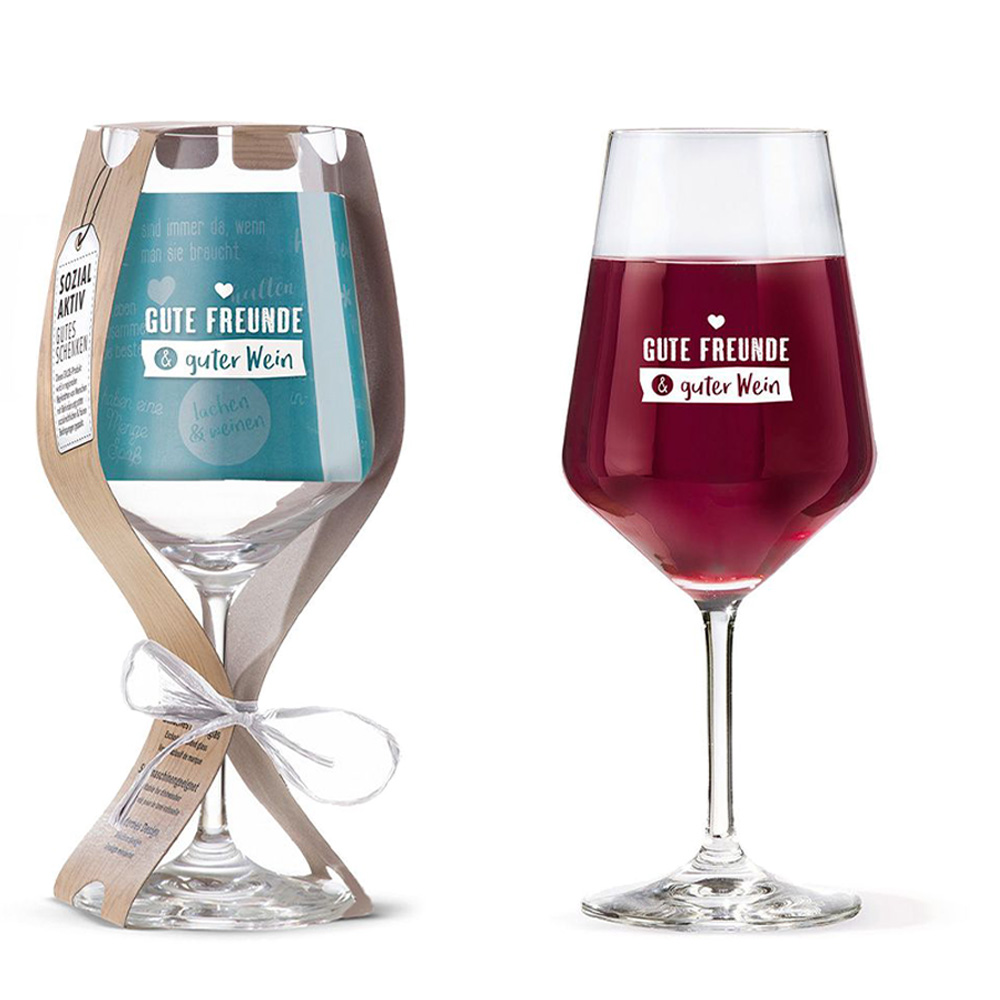 Weinglas mit Stil und Spruch "Gute Freunde guter Wein"
