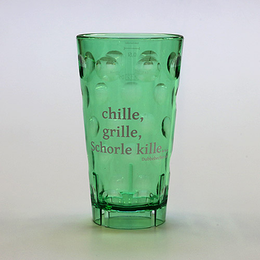 Dubbeglas aus Kunststoff, Aufdruck: "chille, grille, Schorle kille", grün, unzerbrechlich, 0,5 Liter