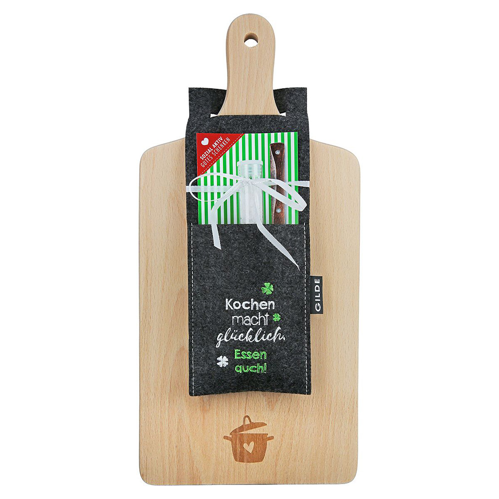 Holz Schneidebrett mit Bestecktasche aus Filz  "Kochen macht glücklich, essen auch!"