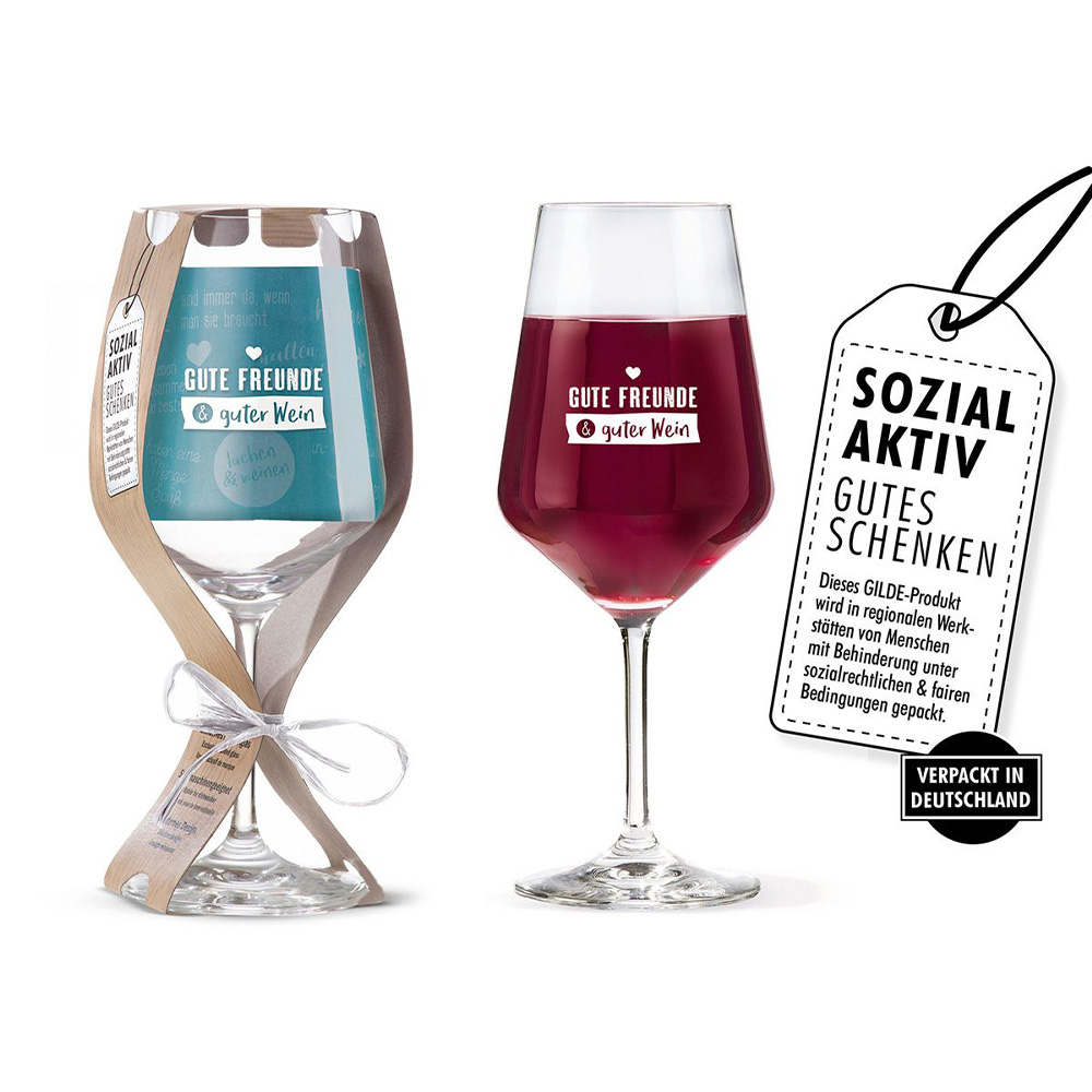 Weinglas mit Stil und Spruch "Gute Freunde guter Wein" Sozial Aktiv