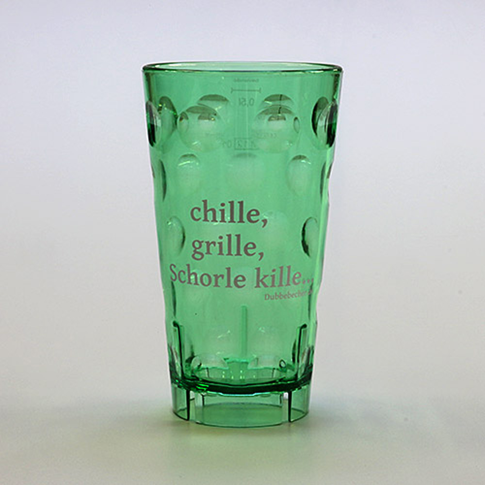 Dubbeglas aus Kunststoff, Aufdruck: "chille, grille, Schorle kille", grün, unzerbrechlich, 0,5 Liter